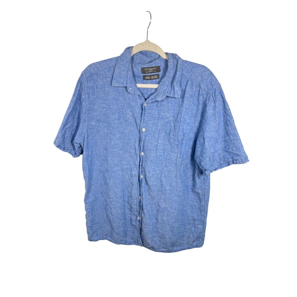 Primark Shirt Men's XL Linen Blend Blue Short Sleeve Button Down